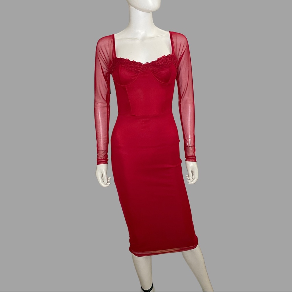 Red Long Sheer Sleeve Square Neck Body‎ Con Midi Dress